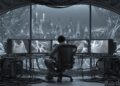 Long-form ambient music visualized as a dark room opening into a neon future-noir city for sleep