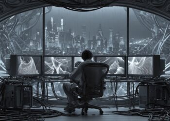 Long-form ambient music visualized as a dark room opening into a neon future-noir city for sleep