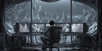 Long-form ambient music visualized as a dark room opening into a neon future-noir city for sleep