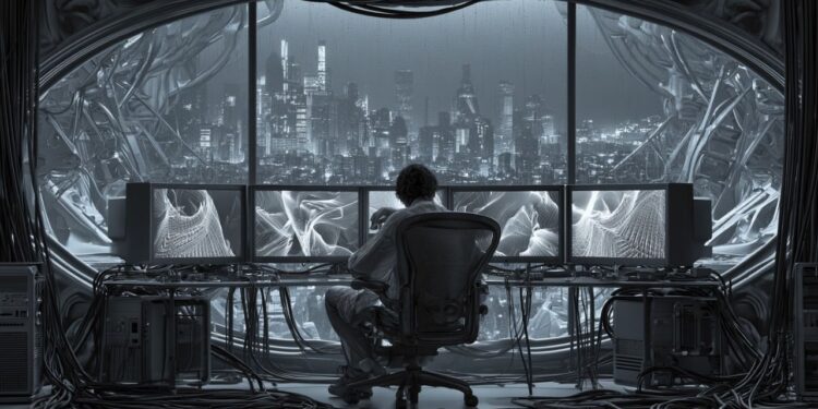 Long-form ambient music visualized as a dark room opening into a neon future-noir city for sleep