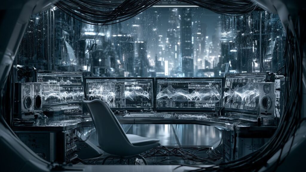 Long-form ambient music visualized as a dark room opening into a neon future-noir city for sleep and focus