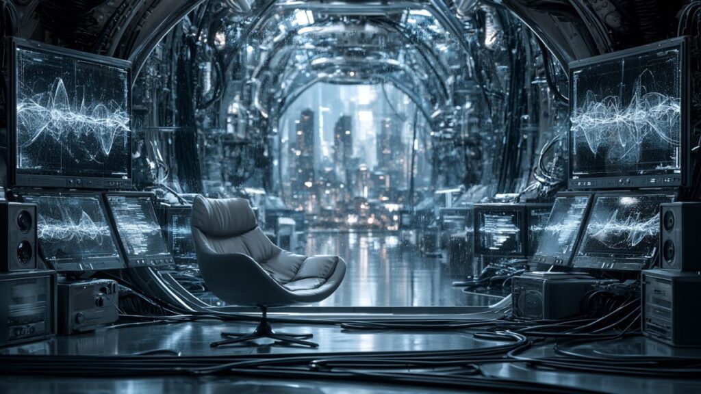 Long-form ambient music visualized as a dark room opening into a neon future-noir city for sleep, focus, and overthinking by Wartonno