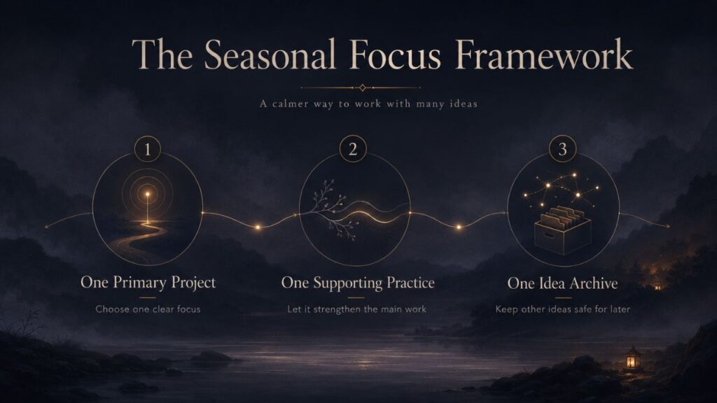 Seasonal Focus Framework with one primary project, one supporting practice, and one idea archive