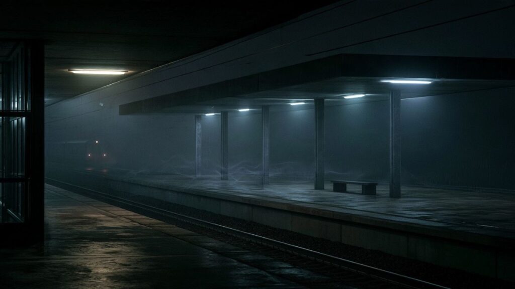 A distant train disappearing into darkness