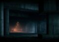 Dark ambient environment with repeating light pulses representing rhythm in atmospheric music