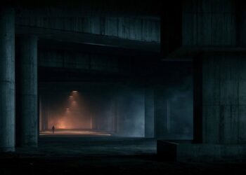 Dark ambient environment with repeating light pulses representing rhythm in atmospheric music