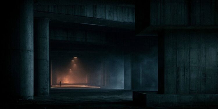 Dark ambient environment with repeating light pulses representing rhythm in atmospheric music