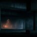 Dark ambient environment with repeating light pulses representing rhythm in atmospheric music