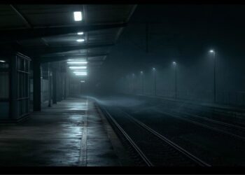 Field recordings visualized as sound waves inside an empty nighttime railway station