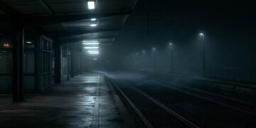 Field recordings visualized as sound waves inside an empty nighttime railway station