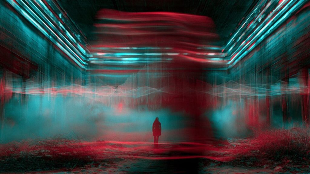 Human voice represented as a ghostlike soundwave inside a dark ambient liminal space