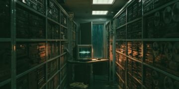 Liminal archive room after midnight inspired by The Lost Tapes and dark ambient music
