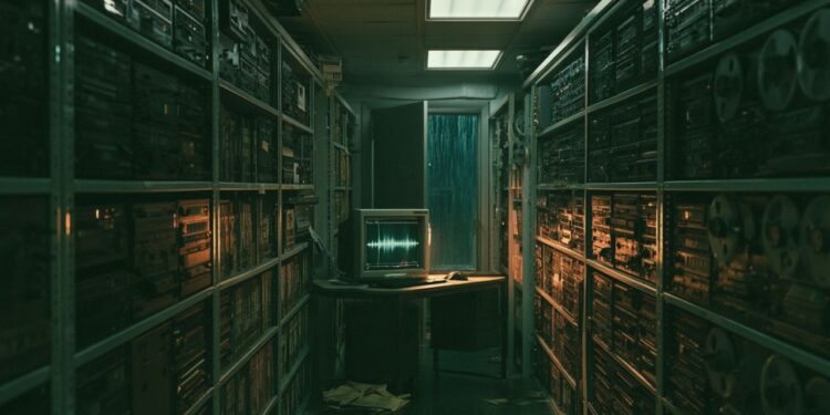Liminal archive room after midnight inspired by The Lost Tapes and dark ambient music