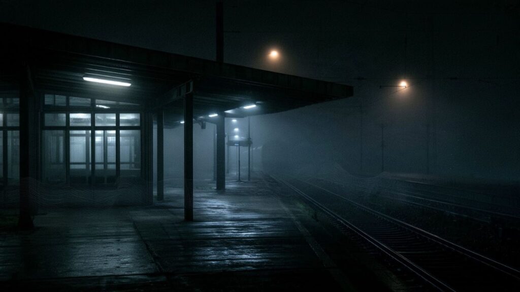 Thin visual soundwaves or subtle translucent ripples emerging from the rails, fluorescent lights and architecture