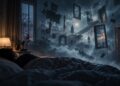 A sleeping person in a dark bedroom surrounded by surreal dream architecture, floating doorways and mist, illustrating hypnagogia.