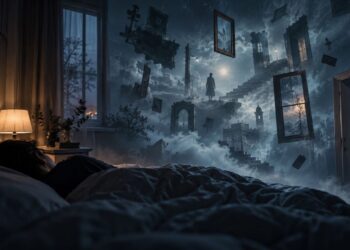 A sleeping person in a dark bedroom surrounded by surreal dream architecture, floating doorways and mist, illustrating hypnagogia.