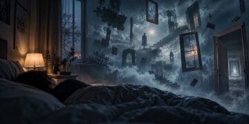 A sleeping person in a dark bedroom surrounded by surreal dream architecture, floating doorways and mist, illustrating hypnagogia.