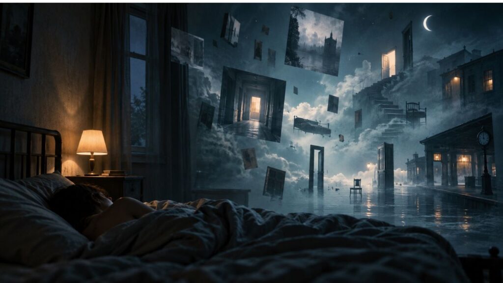 A dreamlike world of floating doors, empty corridors and forgotten buildings emerging from a sleeping person's bedroom